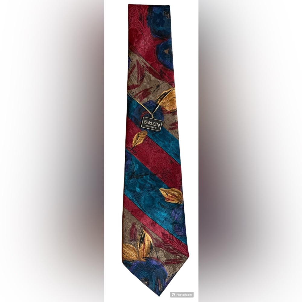 NWT Gold City Multicolor Silk, Hand Made, Embroidered Tie